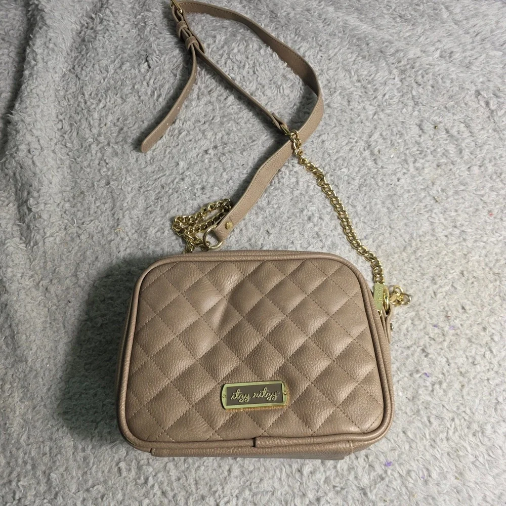 Itzy Ritzy Crossbody Diaper Bag Purse Mini Tan Quilted Vegan Leather NEW